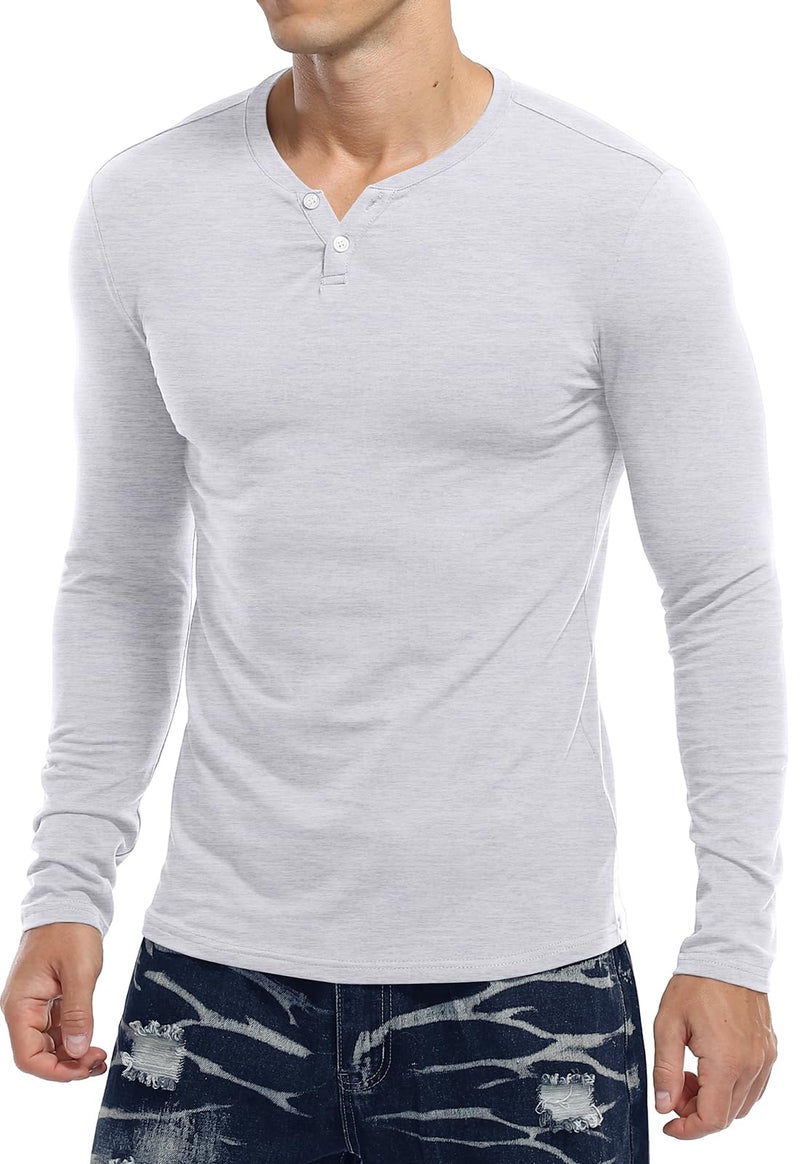 KUYIGO Mens Casual Long Sleeve Henleys Slim Fit T-Shirt V Neck Shirts Tops with Button Grey Medium - Image 5